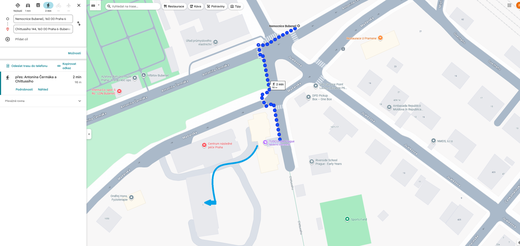 trasa od zastávky bus 131 Nemocnice Bubeneč