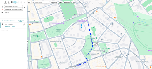 trasa od zastávky bus 108 Rooseveltova